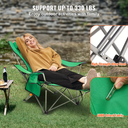 Reclining Camping Chair, 330 lbs Portable Camping Chair, 4 Position Load Folding Camping Chair with Footrest, Cup Holder, Side Pocket and Headrest, for Camping, Fishing and Outdoor Activities