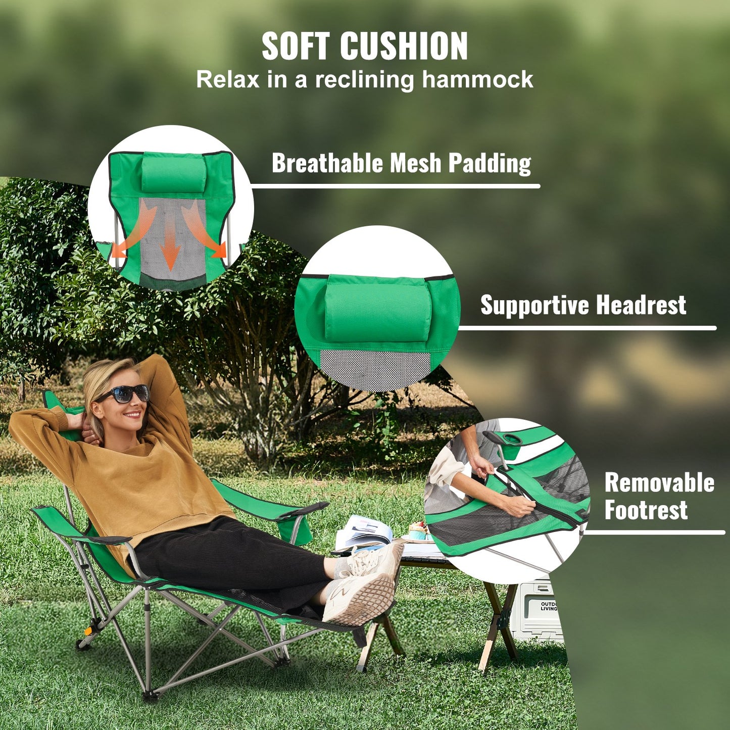 Reclining Camping Chair, 330 lbs Portable Camping Chair, 4 Position Load Folding Camping Chair with Footrest, Cup Holder, Side Pocket and Headrest, for Camping, Fishing and Outdoor Activities