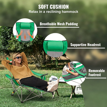 Reclining Camping Chair, 330 lbs Portable Camping Chair, 4 Position Load Folding Camping Chair with Footrest, Cup Holder, Side Pocket and Headrest, for Camping, Fishing and Outdoor Activities