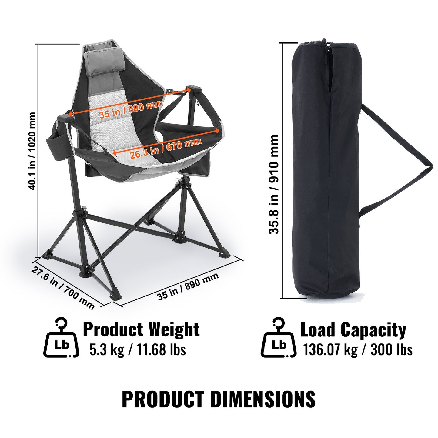 Reclining Camping Chair, 300 lbs Load Camping Hammock Chair, Rocking Lounge Folding Chair with Cup Holder Storage Bag Headrest & Adjustable Backrest, for Camping and Other Outdoor Activities