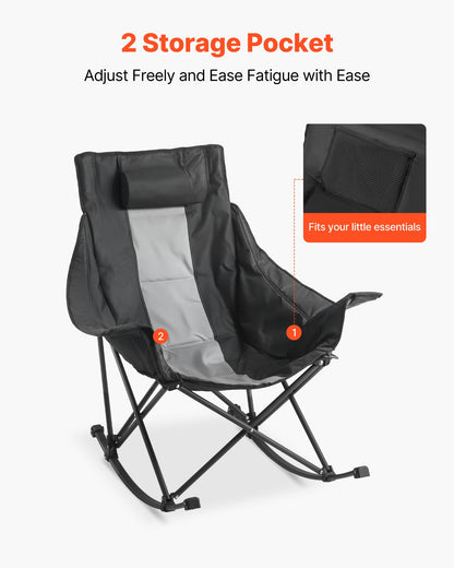 Rocking Camping Chair, Portable Folding Rocker, Heavy-Duty Lawn Chair Recliner with Cupholder & Pocket, Supports 225lbs, Fully Padded Camp Chairs for Outdoor Patio Backyard Porch Garden