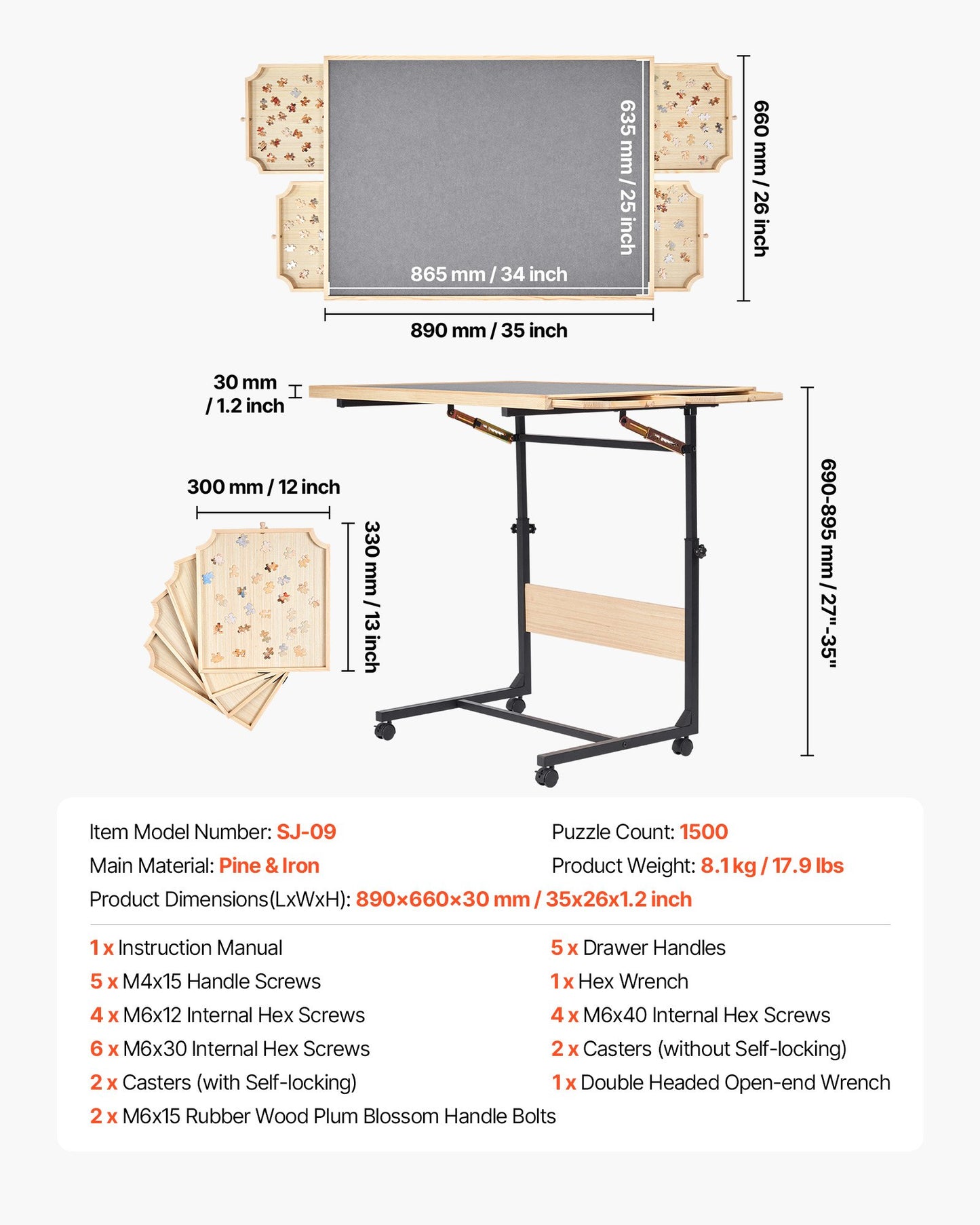 1500 bitars pusselbord med ben, 4 lådor och lock, 86x63 cm bärbar träplatta med hjul, pusseltillbehör för vuxna, justerbar höjd och 5 lutningsvinklar, present till mamma