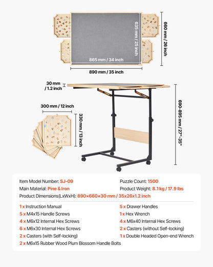 1500 bitars pusselbord med ben, 4 lådor och lock, 86x63 cm bärbar träplatta med hjul, pusseltillbehör för vuxna, justerbar höjd och 5 lutningsvinklar, present till mamma