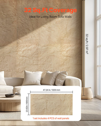 3D Wall Panels, 4 Pack 48 x 24 in PU Natural Stone Imitation Wall Art Tiles, 32 Sq.Ft Coverage Accent Wall Panel, Interior Home Decor for Ceiling, Bedroom, Living & Gaming Room, Stone Yellow
