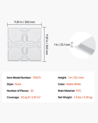 3D Wall Panels, 33-Pack 11.81 x 11.81 in PVC Modern Art Minimalist Floral Tiles, 32 Sq.Ft Coverage Accent Wall Panel, Interior Home Decor for Ceiling, Bedroom, Living & Gaming Room, Matte White