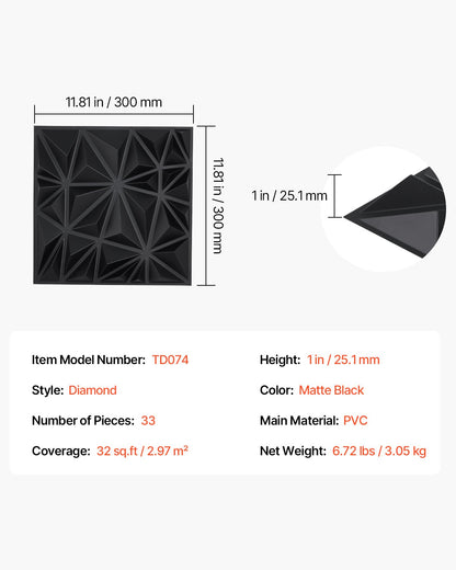 3D Wall Panels, 33-Pack 11.81 x 11.81 in PVC Modern Art Minimalist Diamond Tiles, 32 Sq.Ft Coverage Accent Wall Panel, Interior Home Decor for Ceiling, Bedroom, Living & Gaming Room, Matte Black