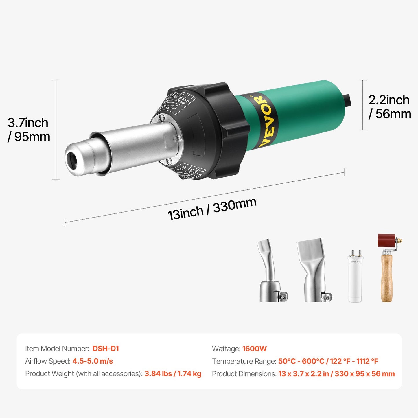 Varmluftssvets för plast, 1600W varmluftspistol, 122-1112℉ PVC TPO vinylvärmepistol svetsbrännare, plastsvetsning för tak med 4 tillbehör - 2 munstycken och 1 sömrulle för PP/PE/PVC-ark