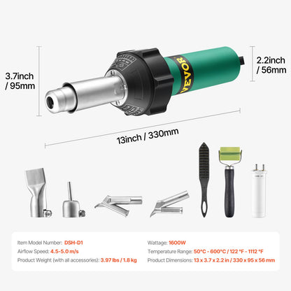 Hot Air Plastic Welder, 1600W Hot Air Torch Pistol, PVC TPO Vinyl Heat Gun Welding Torch, Plastic Welding Kit with 7 Accessories - 2 Nozzle & Speed Welding Tip, 1 Seam Roller for PP/PE/PVC Sheet