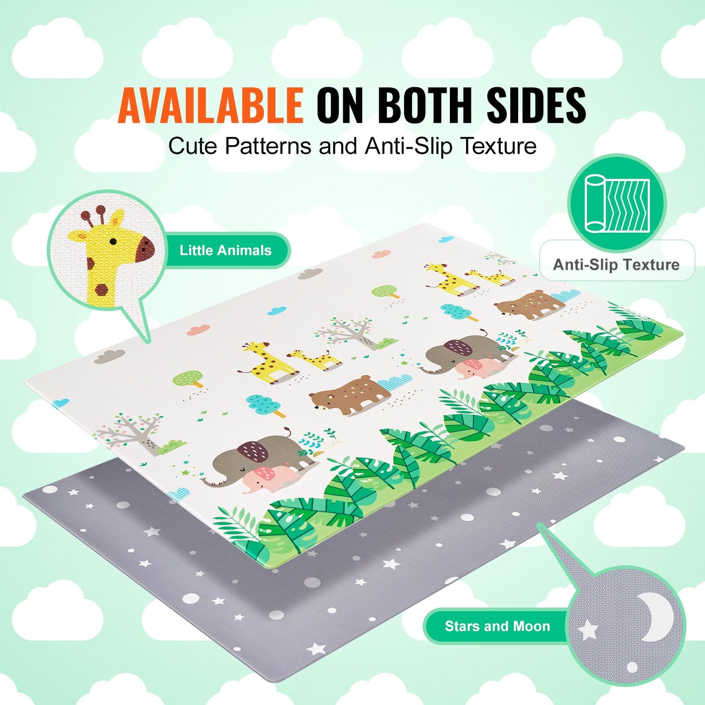 Baby Play Mat, 55""x82"" Baby Crawling Mat, Non-Slip One-Piece Soft Cushioned Baby Playmatt, Rollable Reversible Floor Mat, Waterproof Activity Mat, for Babies Toddlers Infants, Play & Tummy Time