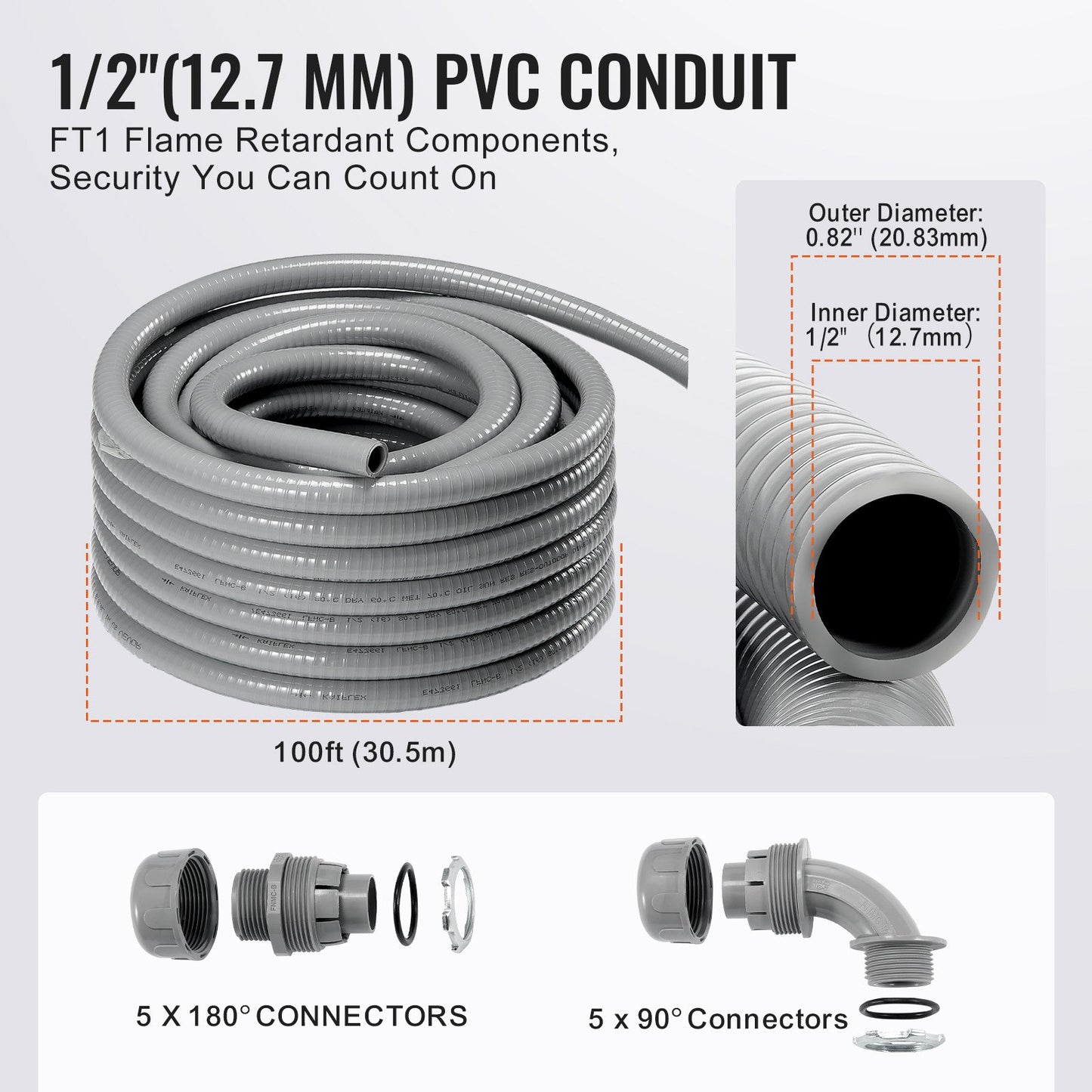 12.7mm(1/2 in) Flexible Liquid-Tight Electrical PVC Conduit 30.5m Non-Metallic