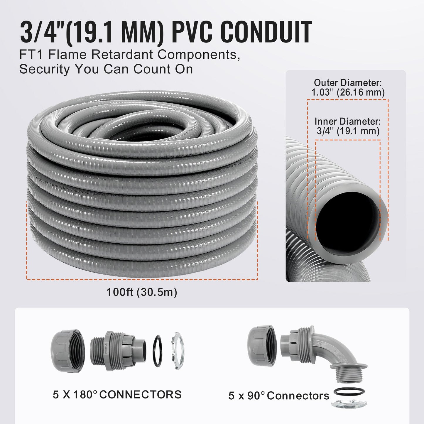 19,1mm(3/4 inch) Flexible Liquid-Tight Electrical PVC Conduit 30.5m Non-Metallic