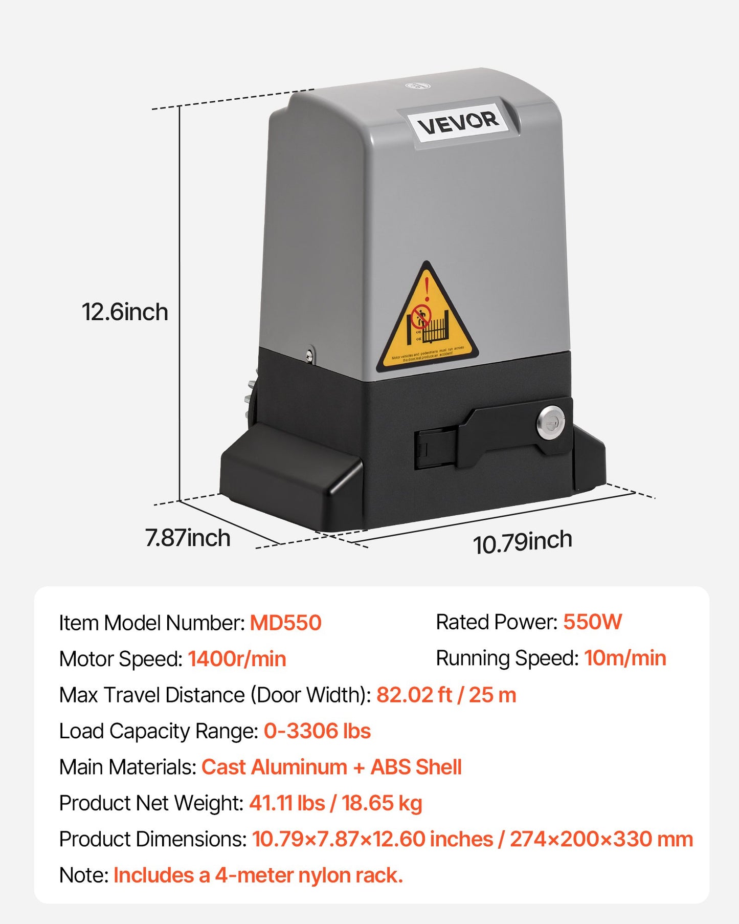 Automatic Gate Opener, 550W Electric Sliding Gate Opener for Doors up to 25m 1500kg, Nylon Gear Rack Rolling Door Motor with Infrared Sensor & 2 Remote Controls, Driveway Gates Opening System