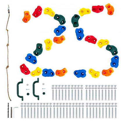 25 klättergrepp, klätterstenar i flera storlekar och färger för barn och vuxna, klätterväggsgrepp med knutet rep, handtag och monteringsdetaljer, klätterväggsgrepp för inomhus och utomhusbruk