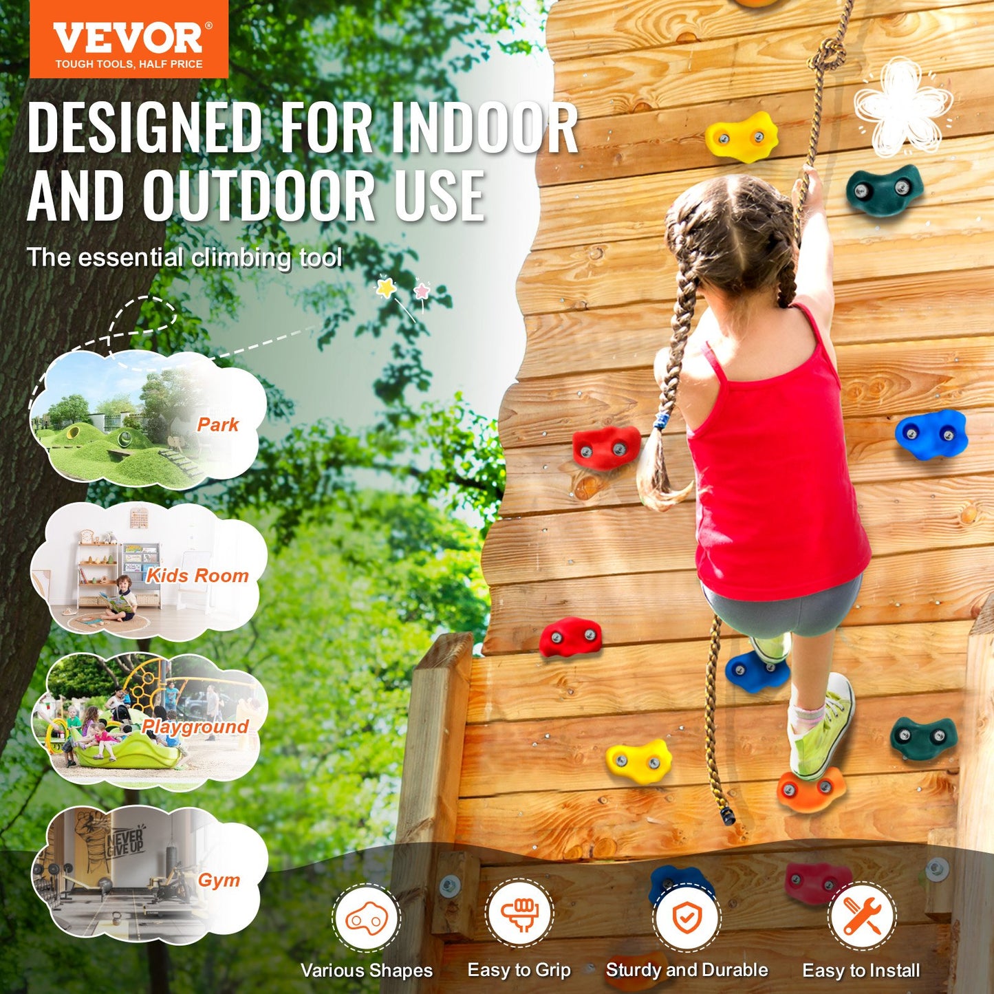 25 klättergrepp, klätterstenar i flera storlekar och färger för barn och vuxna, klätterväggsgrepp med knutet rep, handtag och monteringsdetaljer, klätterväggsgrepp för inomhus och utomhusbruk