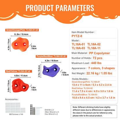 72 Rock Climbing Holds, Multi-Size and Multi-Colored Climbing Rocks for Kids and Adults, Rock Wall Holds with Mounting Hardware, Climbing Wall Grips for Indoor and Outdoor Playground Play Set