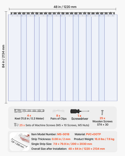 Clear PVC Strip Curtain, 2.1 m Height x 1.2 m Width x 2 mm Thickness, 8 PCS Walk in Freezer Cooler Curtain Strips, Thermal Insulating Plastic Door Strips for Warehouse, Freezer, Garage Doors