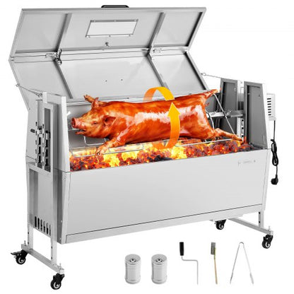 Rotisserie Grill, 38W BBQ Outdoor Pig & Lamb Spit Roaster, Charcoal Spit Roaster with 60 kg Capacity, Wheels & 4-Level Height, Stainless Steel Electric Rotisserie Grill Kit for Camping Outdoor