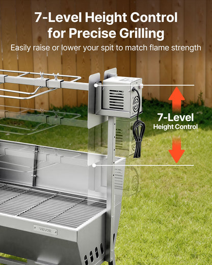Rotisserie Grill, 38W BBQ Outdoor Pig & Lamb Spit Roaster, Charcoal Spit Roaster with 60 kg Capacity, Wheels & 4-Level Height, Stainless Steel Electric Rotisserie Grill Kit for Camping Outdoor