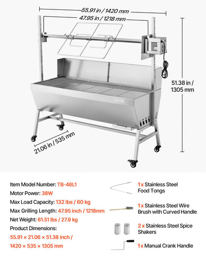 Rotisserie Grill, 38W BBQ Outdoor Pig & Lamb Spit Roaster, Charcoal Spit Roaster with 60 kg Capacity, Wheels & 4-Level Height, Stainless Steel Electric Rotisserie Grill Kit for Camping Outdoor