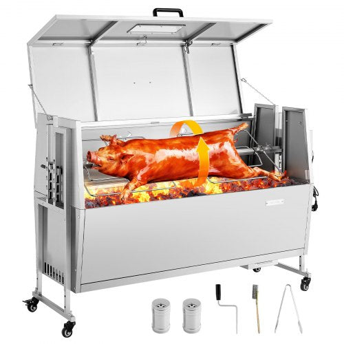 Rotisserie Grill, 38W BBQ Outdoor Pig & Lamb Spit Roaster, Charcoal Spit Roaster with 60 kg Capacity, Wheels & 4-Level Height, Stainless Steel Rotisserie Grill Kit for Camping Outdoor Parties