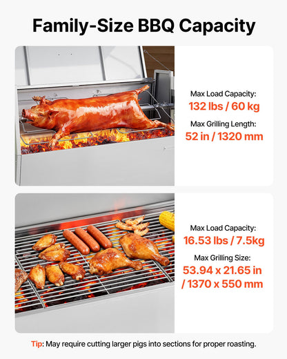 Rotisserie Grill, 38W BBQ Outdoor Pig & Lamb Spit Roaster, Charcoal Spit Roaster with 60 kg Capacity, Wheels & 4-Level Height, Stainless Steel Rotisserie Grill Kit for Camping Outdoor Parties