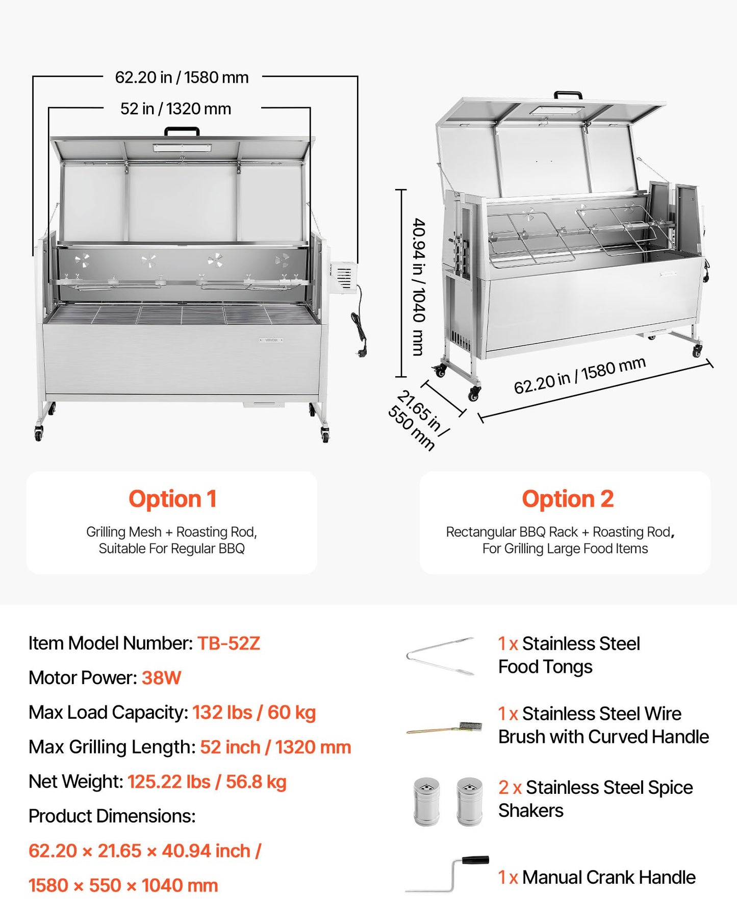 Rotisserie Grill, 38W BBQ Outdoor Pig & Lamb Spit Roaster, Charcoal Spit Roaster with 60 kg Capacity, Wheels & 4-Level Height, Stainless Steel Rotisserie Grill Kit for Camping Outdoor Parties