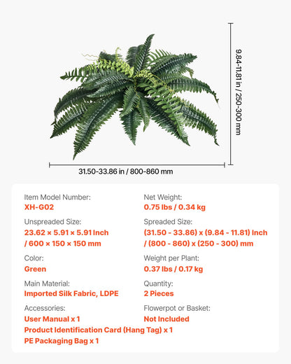 Artificial Ferns 2 Pcs, Natural Spread Diameter 31-34 Inch, Large Hanging Artificial Boston Ferns, Fake Plant Wall Decor with 30 Branches, Faux Fern for Home and Office (Flowerpot Unincluded)