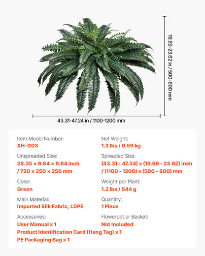 Konstgjorda ormbunkar, naturlig spridning diameter 43-47 tum, stora hängande konstgjorda Boston-ormbunkar, konstgjord väggdekoration med 88 grenar, konstgjord ormbunke för hemmakontor och utomhusbruk (blomkruka ingår ej)
