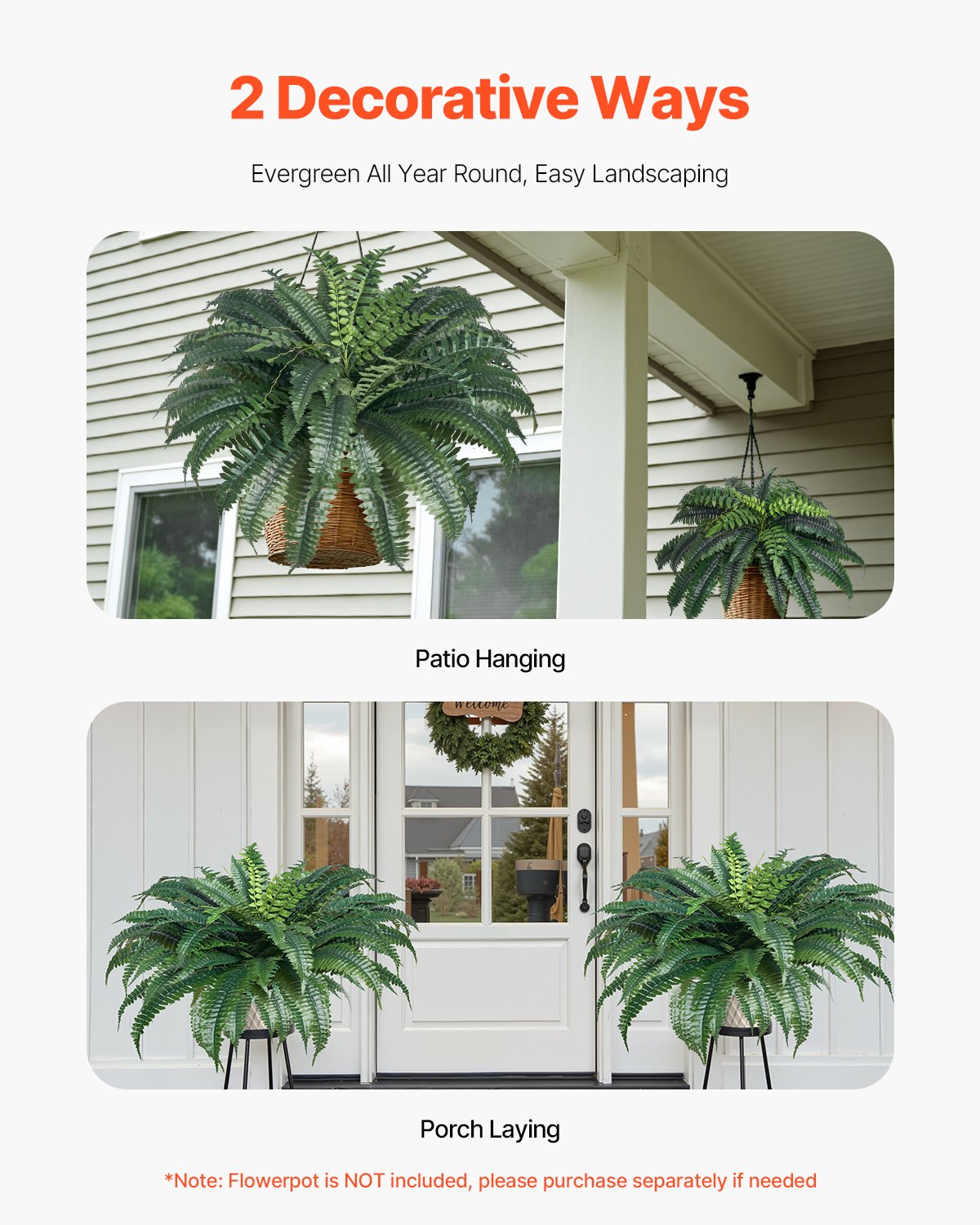 Artificial Ferns 2 Pcs, Natural Spread Diameter 43-47 Inch, Large Hanging Artificial Boston Ferns, Fake Plant Wall Decor with 50 Branches, Faux Fern for Home and Office (Flowerpot Unincluded)