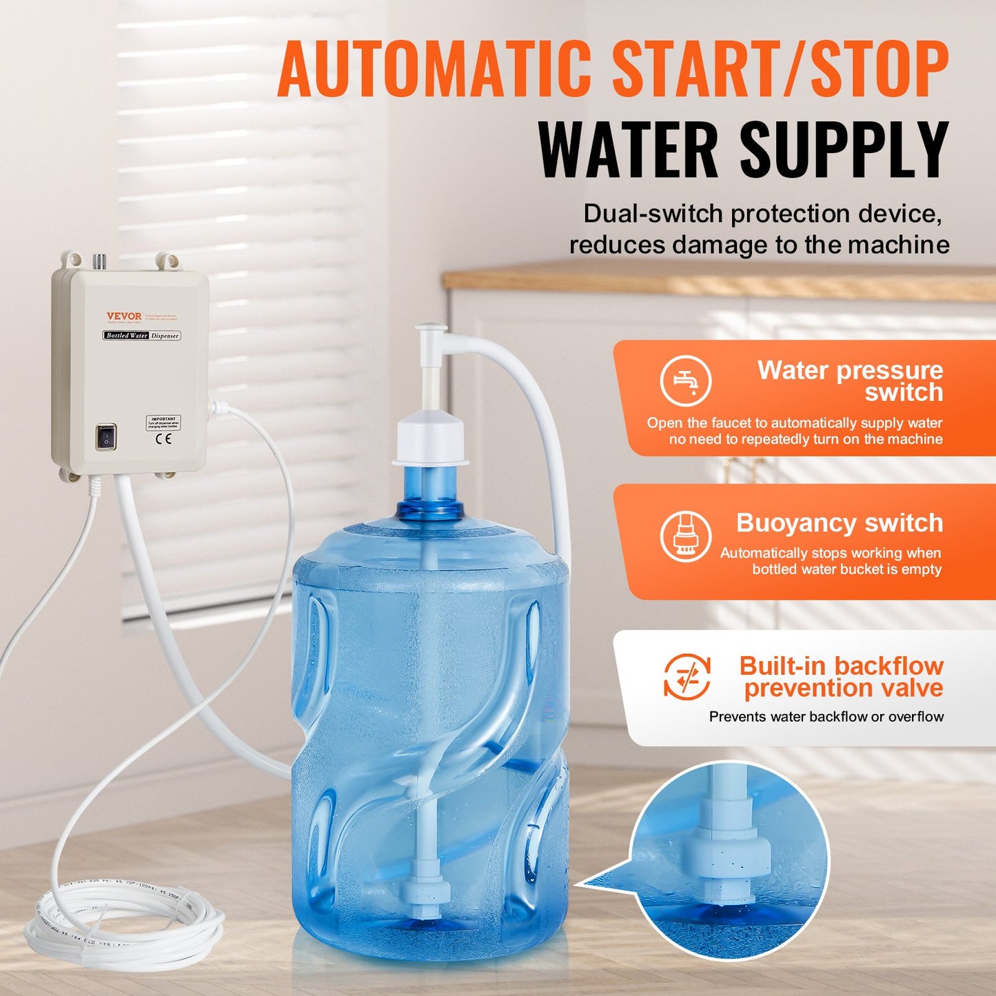 Bottled Water Dispenser Pump System, 5 Gallon/18.9 L Dispensing System, Automatic Electric Water Dispenser, Single Inlet Water Jug Pump, Compatible Use with Coffee/Tea Machine, Refrigerator, Ice Maker
