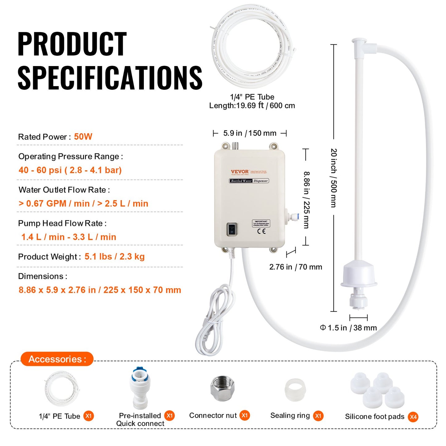 Bottled Water Dispenser Pump System, 5 Gallon/18.9 L Dispensing System, Automatic Electric Water Dispenser, Single Inlet Water Jug Pump, Compatible Use with Coffee/Tea Machine, Refrigerator, Ice Maker