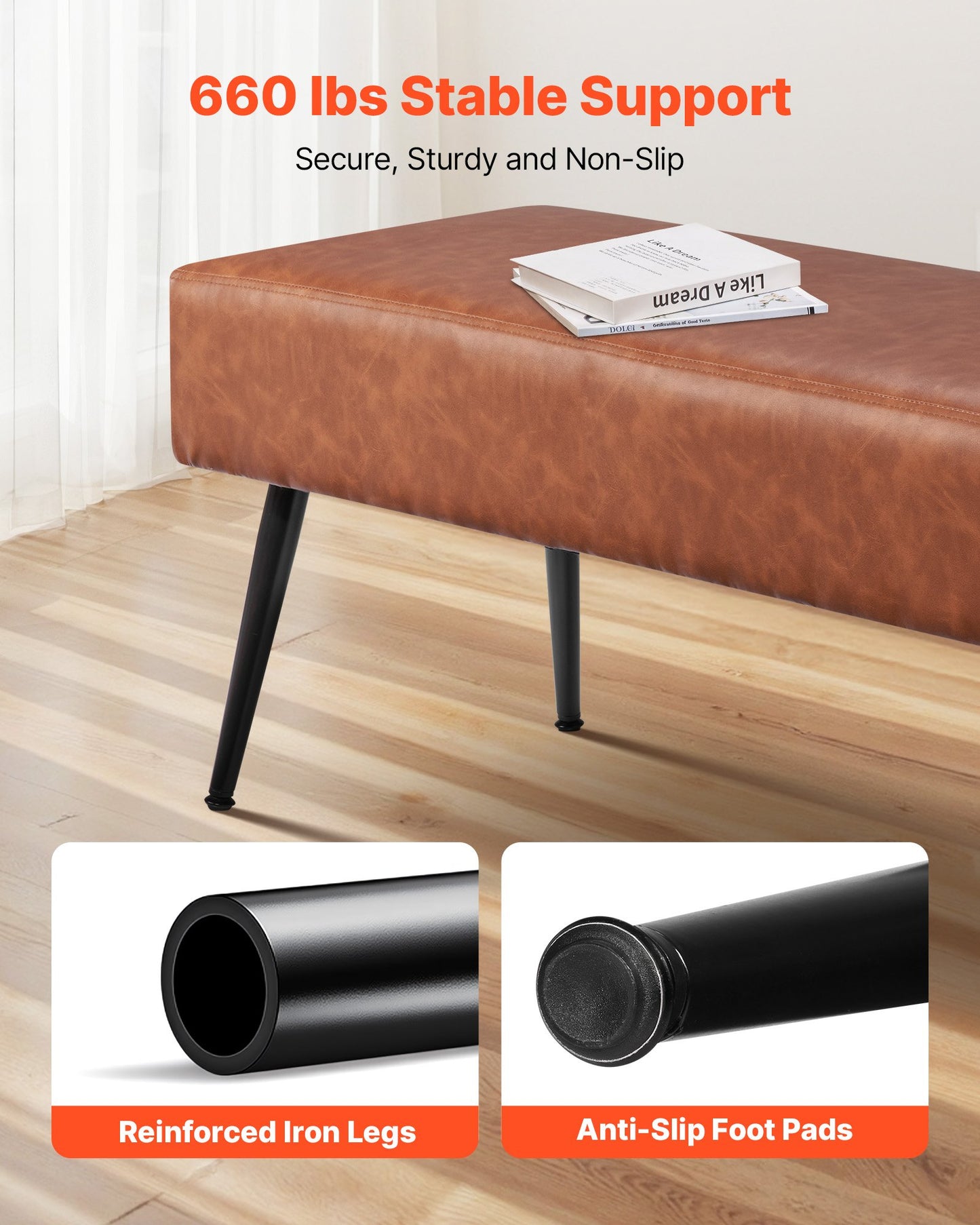 Leather Bedroom Bench, PU Leather Bench with Metal Legs and with Stitching for Entryway, Upholstered Shoe Bench Seat, Modern End of the Bed Benches for Living Room, Dining Room, Hallway, Brown