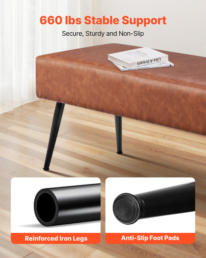 Leather Bedroom Bench, PU Leather Bench with Metal Legs and with Stitching for Entryway, Upholstered Shoe Bench Seat, Modern End of the Bed Benches for Living Room, Dining Room, Hallway, Brown