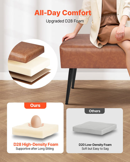 Leather Bedroom Bench, PU Leather Bench with Metal Legs and with Stitching for Entryway, Upholstered Shoe Bench Seat, Modern End of the Bed Benches for Living Room, Dining Room, Hallway, Brown