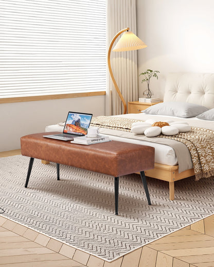 Leather Bedroom Bench, PU Leather Bench with Metal Legs and with Stitching for Entryway, Upholstered Shoe Bench Seat, Modern End of the Bed Benches for Living Room, Dining Room, Hallway, Brown