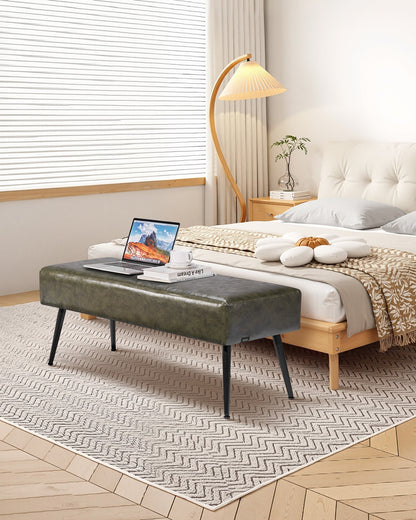 Läderbänk för sovrum, PU-läderbänk med metallben och sömmar för entré, klädd skobänk, moderna sänggavelbänkar för vardagsrum, matsal, hall, grön