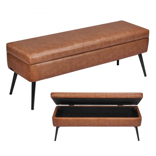 Leather Storage Ottoman Bench, PU Leather Bench with Storage and Metal Legs, Modern Shoe Benches Seat for Entryway, Upholstered End of Bed Benches for Living Room, Dining Room, Hallway, Brown