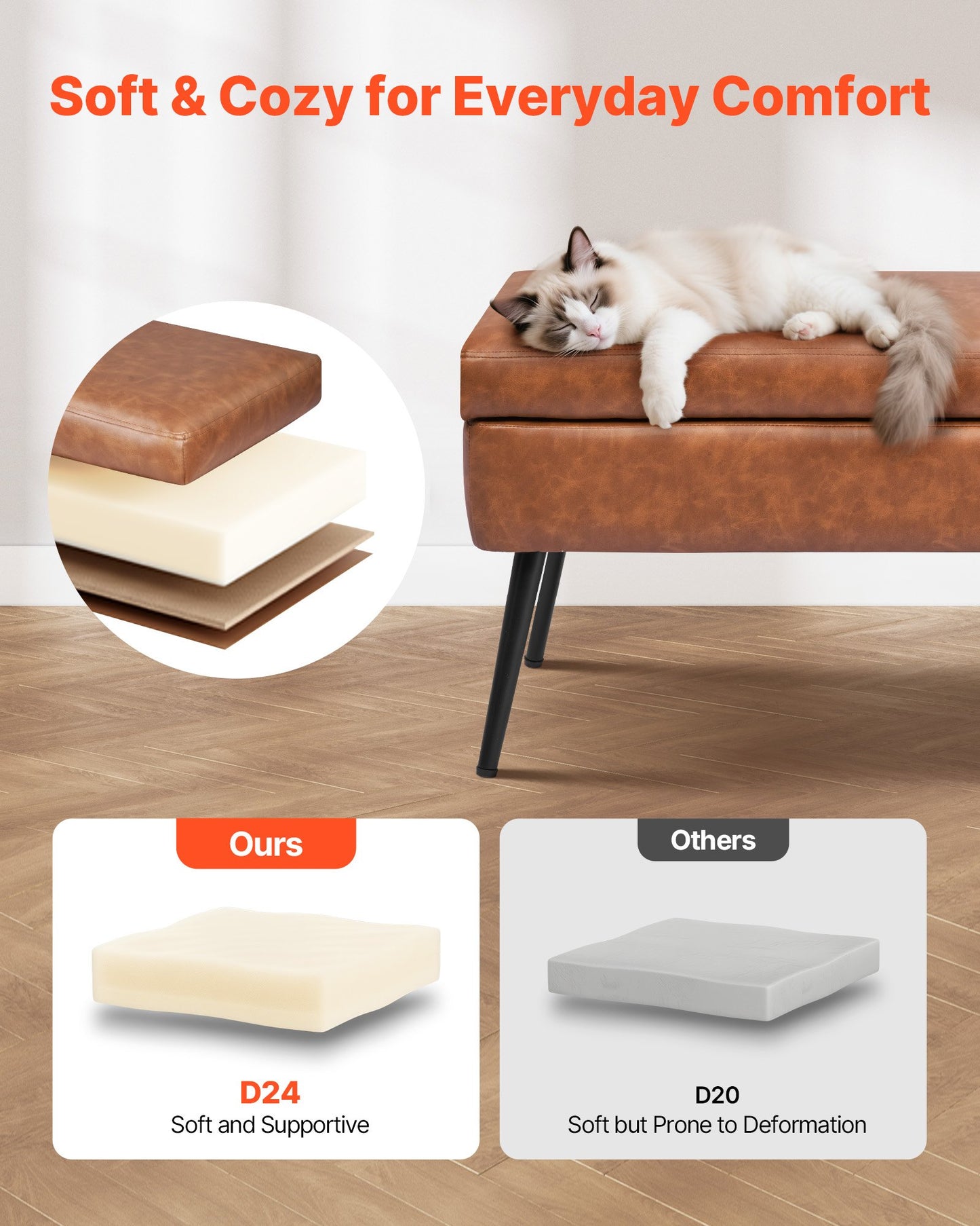 Leather Storage Ottoman Bench, PU Leather Bench with Storage and Metal Legs, Modern Shoe Benches Seat for Entryway, Upholstered End of Bed Benches for Living Room, Dining Room, Hallway, Brown