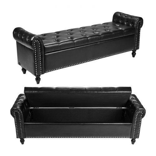 Button-Tufted Storage Ottoman Bench, Rolled Arm PU Leather Bench with Solid Wood Legs, Modern Shoe Benches Seat for Entryway, Upholstered End of Bed Benches for Living Room, Dining Room, Black