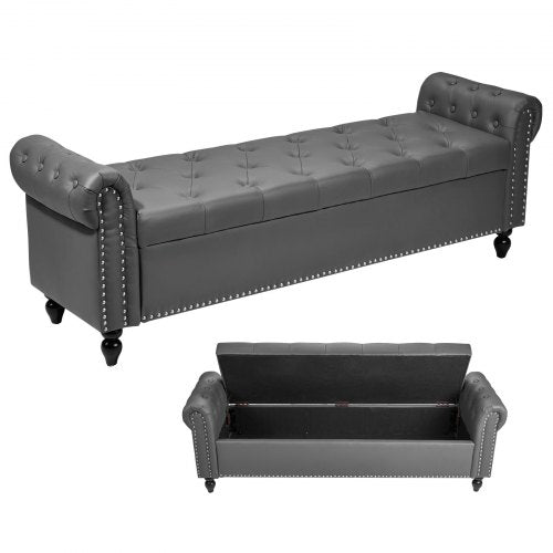 Button-Tufted Storage Ottoman Bench, Rolled Arm PU Leather Bench with Solid Wood Legs, Modern Shoe Benches Seat for Entryway, Upholstered End of Bed Benches for Living Room, Dining Room, Gray