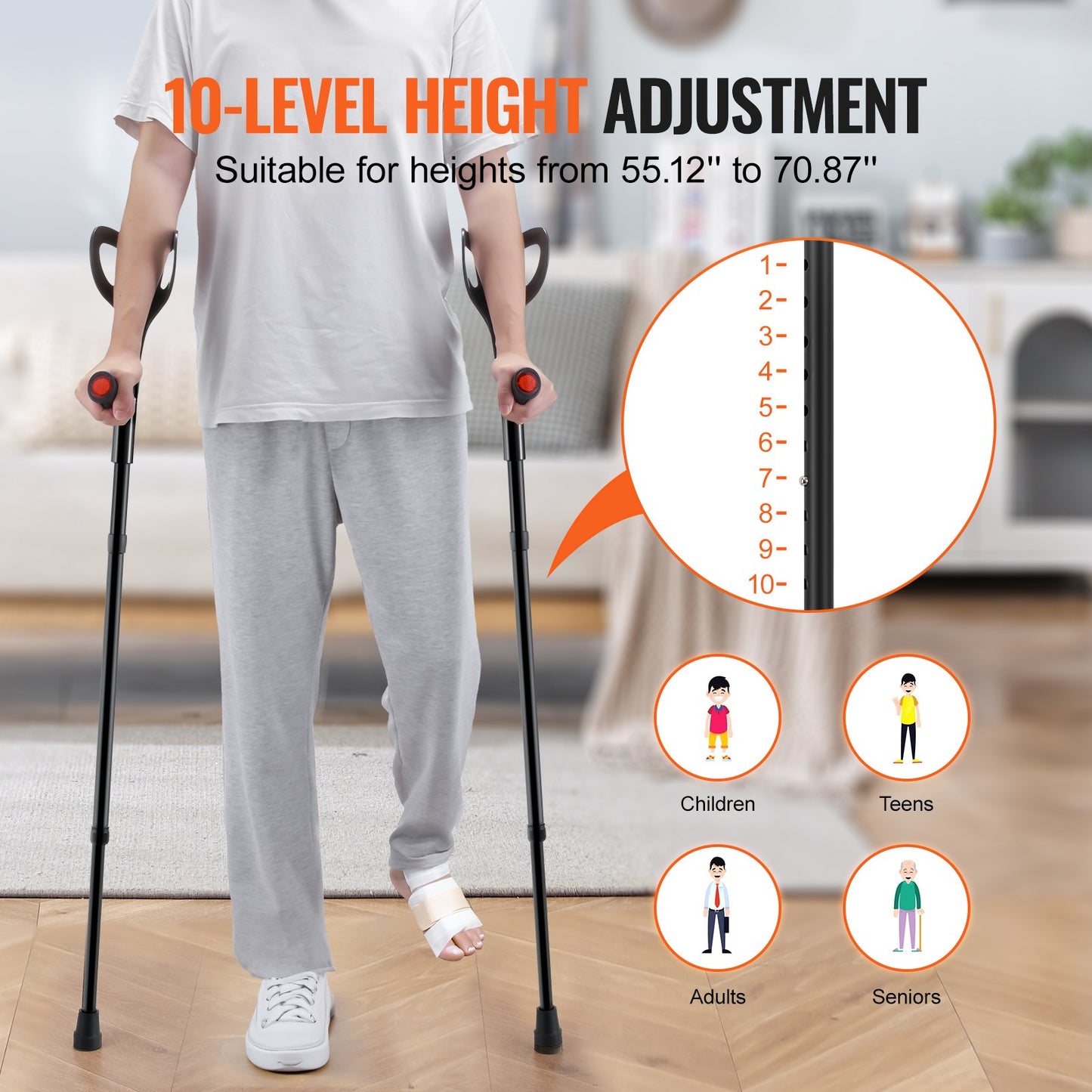 Forearm Crutches for Adults, Folding Walking Forearm Crutches with 10-Level Adjustable Height, Lightweight Aluminum Medical Crutches with Open Cuff for Leg Injury Surgery Disabled, 1 Pair 350LBS