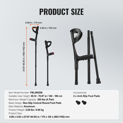 Forearm Crutches for Adults, Folding Walking Forearm Crutches with 10-Level Adjustable Height, Lightweight Aluminum Medical Crutches with Open Cuff for Leg Injury Surgery Disabled, 1 Pair 350LBS