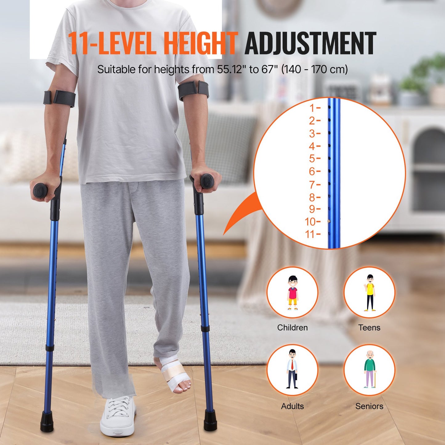 Forearm Crutches for Adults, 11-Level Height Adjustable Walking Crutches with 4-Level Upper Cuff, Lightweight Aluminum Medical Support Crutches for Leg Injury Surgery Disabled, 1 Pair (350LBS)