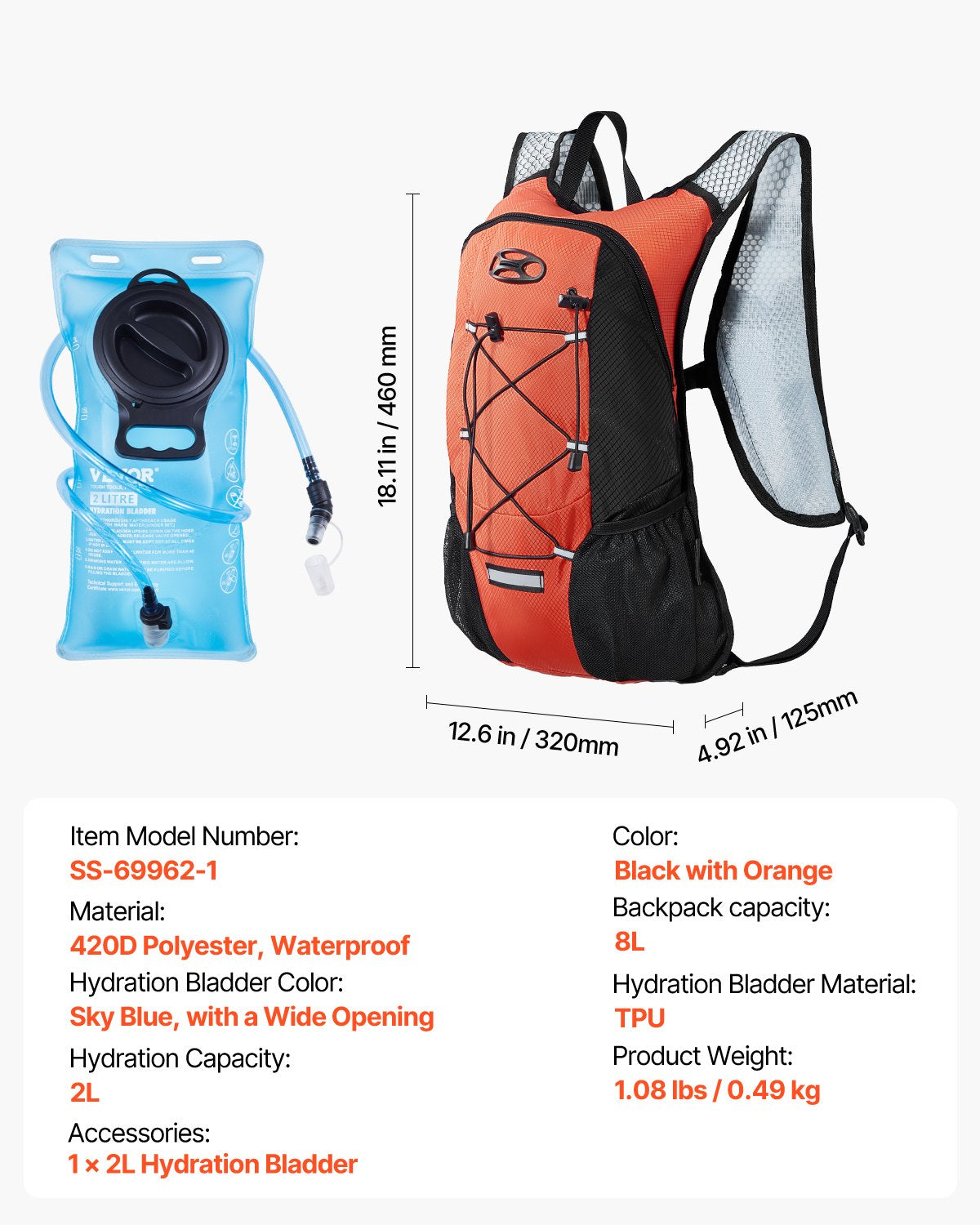 Hydration Backpack with 2L TPU Water Bladder, Hydration Pack Backpack, Lightweight Hiking Water Backpack for Men Women, Hydro Water Daypack for Hiking, Running, Cycling, Camping & Rave
