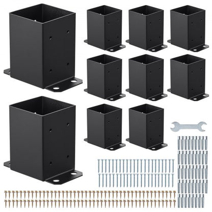 4x4 stolpbas 10 st, innerstorlek 3,6x3,6 tum / 91,44x91,44 mm stolpfästen, kraftiga däckstolpar i kolstål, trästolpfästen för paviljongdäck, stöddäcksbasplatta, svart