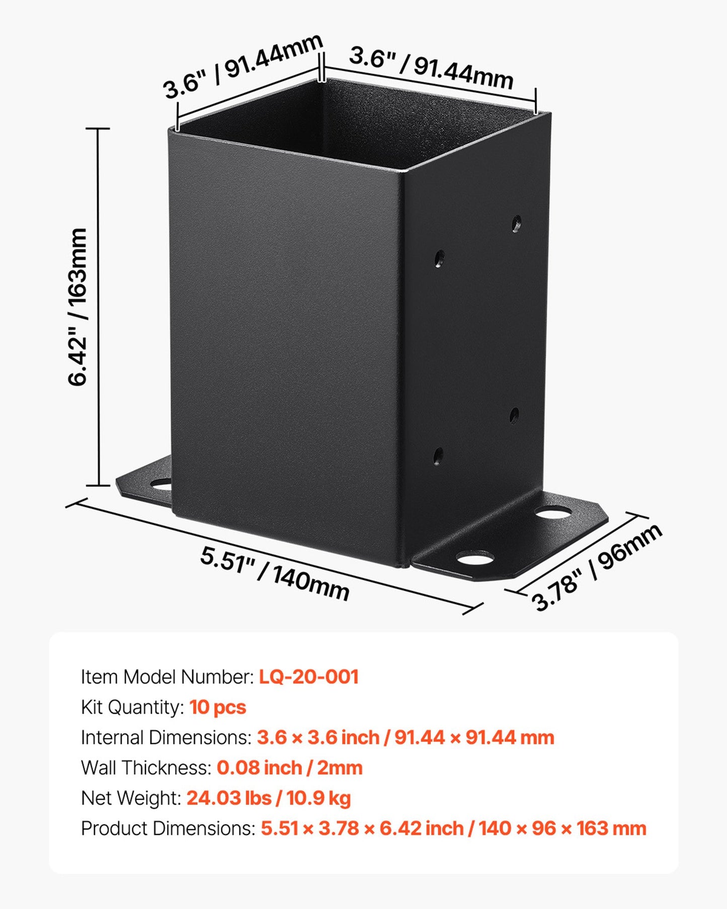 4x4 stolpbas 10 st, innerstorlek 3,6x3,6 tum / 91,44x91,44 mm stolpfästen, kraftiga däckstolpar i kolstål, trästolpfästen för paviljongdäck, stöddäcksbasplatta, svart