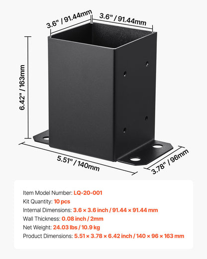4x4 stolpbas 10 st, innerstorlek 3,6x3,6 tum / 91,44x91,44 mm stolpfästen, kraftiga däckstolpar i kolstål, trästolpfästen för paviljongdäck, stöddäcksbasplatta, svart