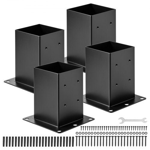 6x6 stolpbas 4 st, innerstorlek 5,6x5,6 tum / 142x142 mm stolpfästen, kraftiga däckstolpar i kolstål, trästolpfästen för paviljongdäck, stöddäck, bottenplatta, svart