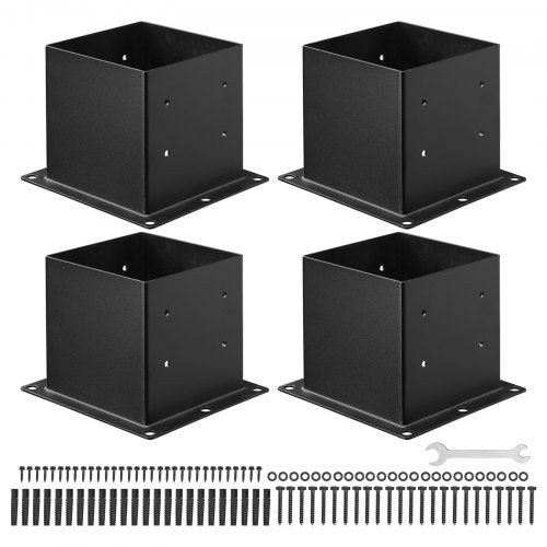 4x4 stolpbas 4 st, innerstorlek 3,6x3,6 tum / 92x92 mm stolpfästen, kraftiga däckstolpar i kolstål, trästolpfästen för paviljongdäck, stöddäcksbasplatta, svart