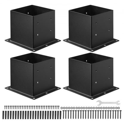 4x4 stolpbas 4 st, innerstorlek 3,6x3,6 tum / 92x92 mm stolpfästen, kraftiga däckstolpar i kolstål, trästolpfästen för paviljongdäck, stöddäcksbasplatta, svart